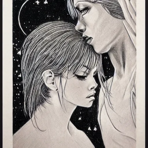 Prompt: 1 9 6 0 s drawing symmetrical pretty elegant brigitte bardot as a vampire kissing alain delon, very detailed intricate!!! intaglio, style of ( takato yamamoto )!!!, moon and stars