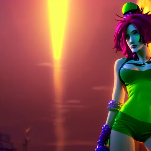 Image similar to cinematic scene with bella thorne as jolyne kujoh from jojo's bizzare adventure, dramatic, small details, volumetric lighting, still frame