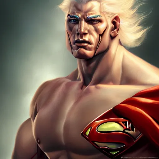 Image similar to a esthetic portrait commission of a muscular antrho albino tiger wearing the superman outfit,hyperdetailed face,character design by charlie bowater,ross tran,artgerm,makoto shibkai,photorealistic,western comic book art,film poster,deviantart,artstation