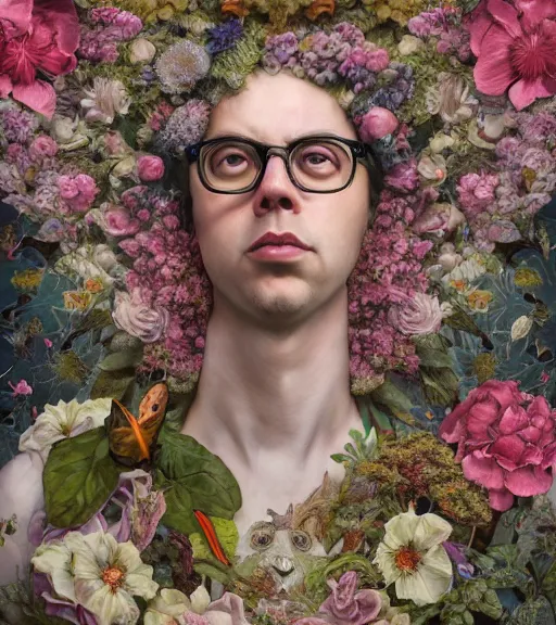 Image similar to portrait of the todd solondz of the underworld, surrounded by flowers by karol bak, james jean, tom bagshaw, rococo, trending on artstation, cinematic lighting, hyper realism, octane render, 8 k, hyper detailed.