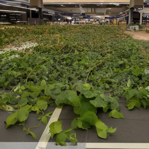 Prompt: a ransacked grocery store, broken signs, filthy flooring. Vines growing. Award-winning photo. OM system 12–40mm PRO II 40mm, 1/100 sec, f/2 8, ISO 800