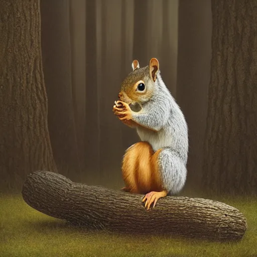 Prompt: an extremely handsome squirrel holding his puffy tail, painted by Mike Winkelmann