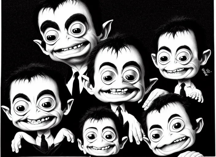 Prompt: black and white simple ms paint doodle of group portrait of anthropomorphic wide - angle group portrait of grey cute mr bean goblins looking funny, art by artgerm, bob eggleton,