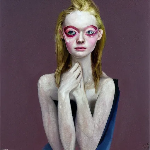 Image similar to a striking hyper real painting of Elle Fanning by George Condo