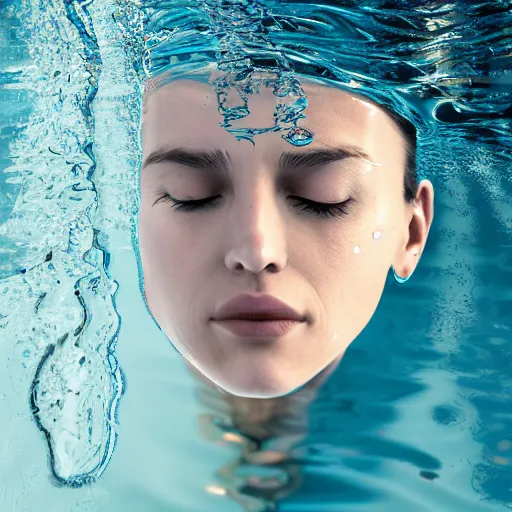 Image similar to water artwork manipulation in the shape of a human head, on the ocean water, futuristic, abstract art, glowing, gradient, hyper realistic, ray tracing, realistic water, sharp focus, long shot, 8 k resolution, cinematic, photoshop water art
