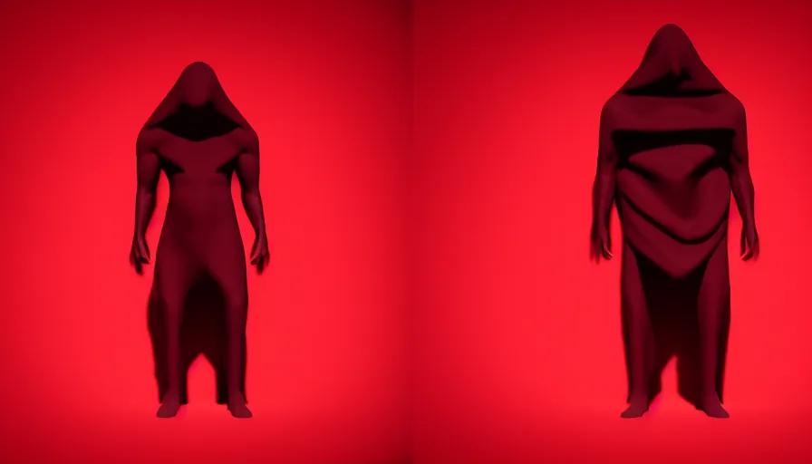 Image similar to enigmatic figure wrapped in red sheet in darkness, high contrast, hard light, digital art, rendering, cloth simulation, redshift