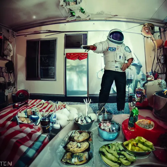 Image similar to redneck astronaut summer grillparty in trailer park, detailed, cinematic photo