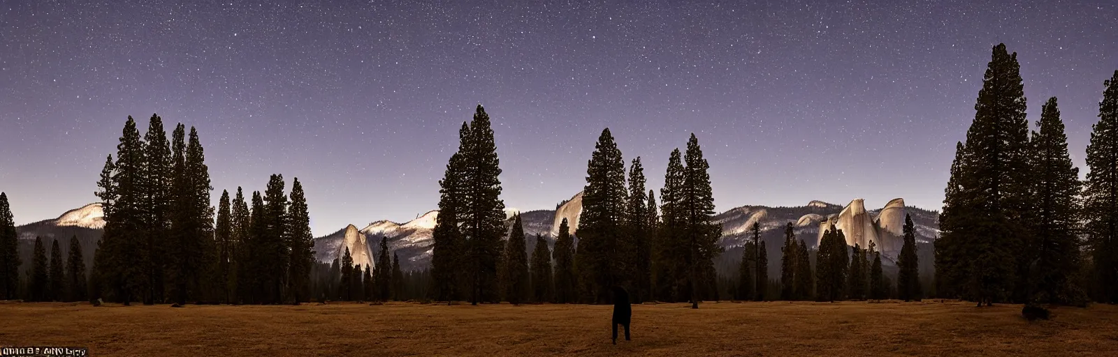 Image similar to to fathom hell or soar angelic, just take a pinch of psychedelic, a colossal minimalistic necktie sculpture installation ( by antony gormley and anthony caro ), reimagined by future artists in yosemite national park, granite peaks visible in the background, in the distant future, taken in the night