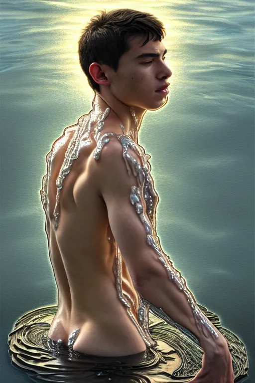 Image similar to body portrait of a young man made of water emerging from a lake, wearing a cloak, by terry o'neill intricate, elegant, highly detailed, digital painting, glistening skin, artstation, concept art, smooth, sharp focus, natural lighting, bright colors, illustration, art by artgerm and greg rutkowski and alphonse mucha, 8 k