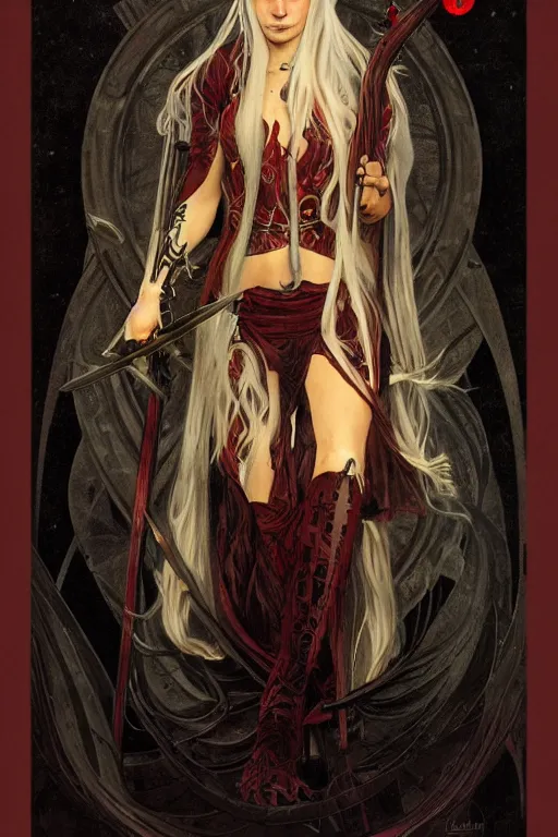 Image similar to tarot card, 4k HD digital full body portrait of Elric of Melibourne, long white hair, black paper, Long black sword with red glowing runes, by Alphonse Mucha, Craig Mullins, Marc Simonetti, Artstation