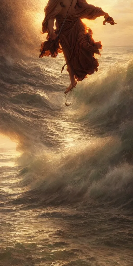 Image similar to biblical moses, brown wavy hair, cane in the air, ocean splitting in 2, beautiful composition, wide angle, colorful, cinematic, volumetric lighting, intricate details painting, by art germ, by greg rutkowski