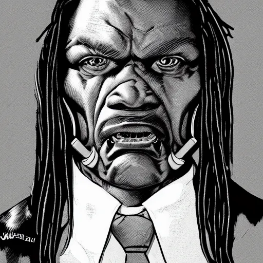 Image similar to wall street journal hedcut portrait of predator from the movie predator