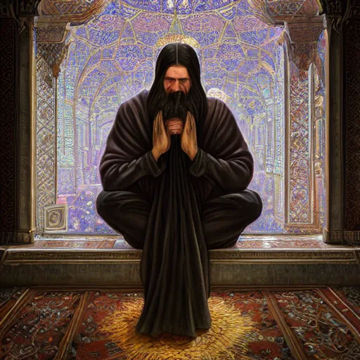 Image similar to grigori rasputin praying in the mosque, wlop, james jean, tom bagshaw, rococo, trending on artstation, fantasy, intricate, elegant, highly detailed, digital painting, concept art, smooth, illustration, cinematic lighting, hyper realism, octane render, 8 k, hyper detailed.