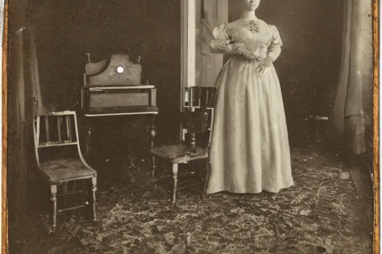 Prompt: detailed well - preserved daguerreotype of female android in beautiful victorian dress standing in decaying guest room with piano chairs furniture