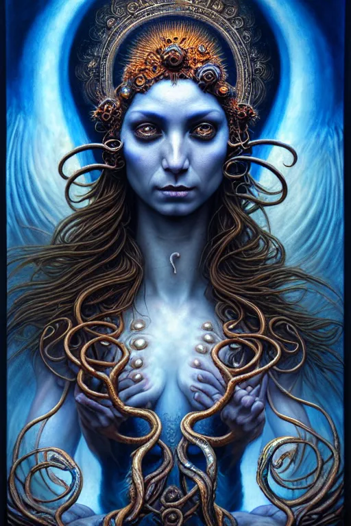 Image similar to A beautiful detailed goddess woman with 6 arms super dark tarot card, by tomasz alen kopera and Justin Gerard, 4 eyes, beautiful symmetrical features, ominous, magical realism, texture, intricate, ornate, royally decorated, melting, whirling smoke, embers, blue adornements, blue torn fabric, radiant colors, fantasy, trending on artstation, volumetric lighting, micro details, 3d sculpture, ray tracing, 8k, anaglyph effect