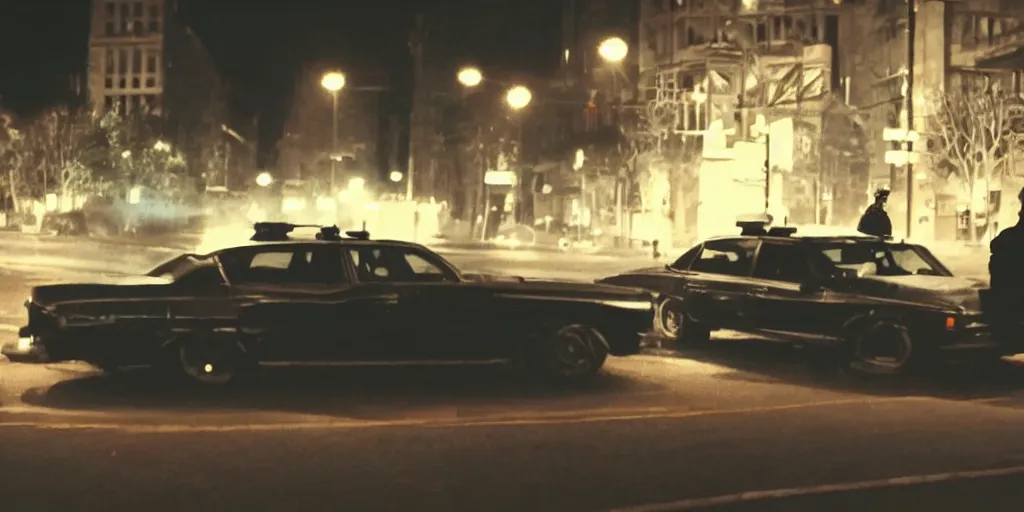 Image similar to film still of a car waiting in the night with two cops in it
