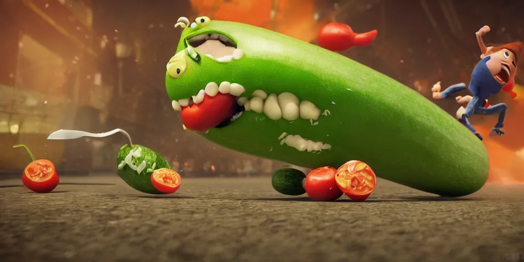 Image similar to detailed 3 d render of a furious zucchini character chasing down a frantic tomato, concept, high speed action, martial arts, explosions, bloody knife, dramatic scene, hyper realistic octane render, cinematic lighting, deviantart, pop - surrealism, lowbrow, frame from independent pixar movie