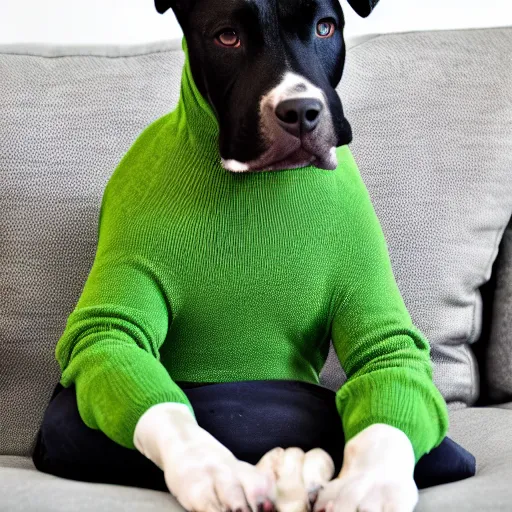 Image similar to American Staffordshire terrier sitting on a sofa wearing a green sweater, 8k, hdr