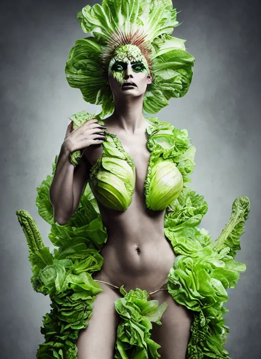 Image similar to expressive full body photo of demoness, dress made of cabbages, glamour shot, by karol bak, stefan gesell, photorealistic, nikon d 4 x, fashion photography, hyper maximalist, elegant, ornate, luxury, elite, environmental portrait, symmetrical features, octane render, unreal engine, solid dark grey background, dramatic lights