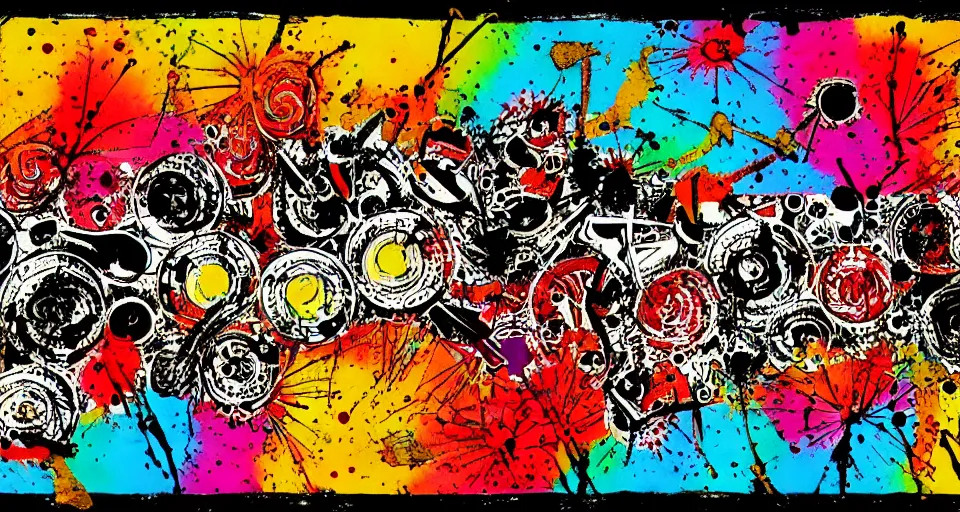 Image similar to category b film colourful poster with trace of a shots in centre, ink painting with patterns, texture, blood splatter on the sides, focus render, grainy tape, distortion, few details,