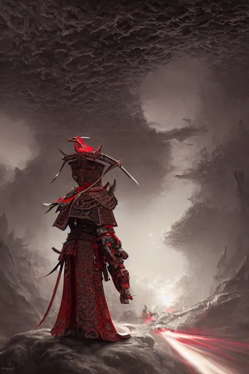 Image similar to a powerful samurai cloaked in white, carrying swords on his back, standing under a beam of light, a dark cave, ruby red sorrow, intricate, elegant, highly detailed, ornate, beautifully lit, ray traced, octane render by Peter Mohrbacher and Peter Gric