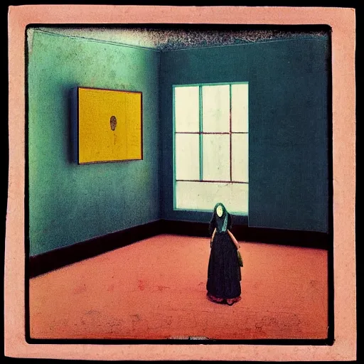 Prompt: a lonely girl in an empty room, colored daguerreotype, by Mackintosh, by max Ernst, art noveau, bright pastel colors,