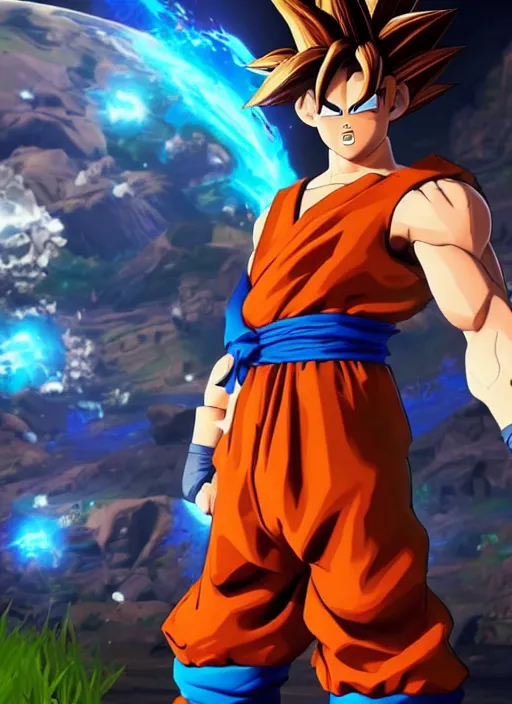 Image similar to game still of a sayan goku as a fortnite skin in fortnite by fortnite, pose.