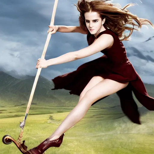 Image similar to a 4k photo of Emma Watson flying in a magical broomstick