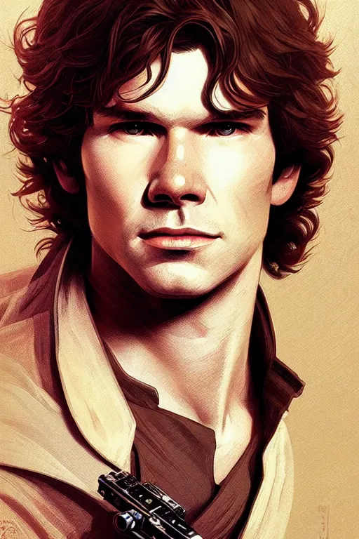 Image similar to a portrait of han solo, fantasy, sharp focus, intricate, elegant, digital painting, artstation, matte, highly detailed, concept art, illustration, ambient lighting, art by ilya kuvshinov, artgerm, alphonse mucha, and greg rutkowski