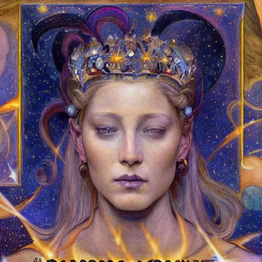 Prompt: queen of the moon with stars in her hair, by annie swynnerton and tino rodriguez and donato giancola and nicholas roerich and jean delville and diego rivera, dramatic lighting, god rays, geometric tattoos, rich colors, smooth sharp focus, extremely detailed, adolf wolfli