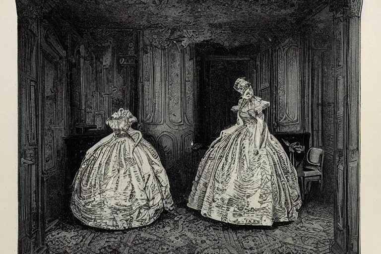 Prompt: detailed well preserved lithography of female android in beautiful victorian dress standing in decaying guest room with piano and chair