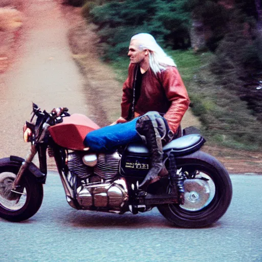 Image similar to geralt riding a motorcycle, cinestill 800t 50mm