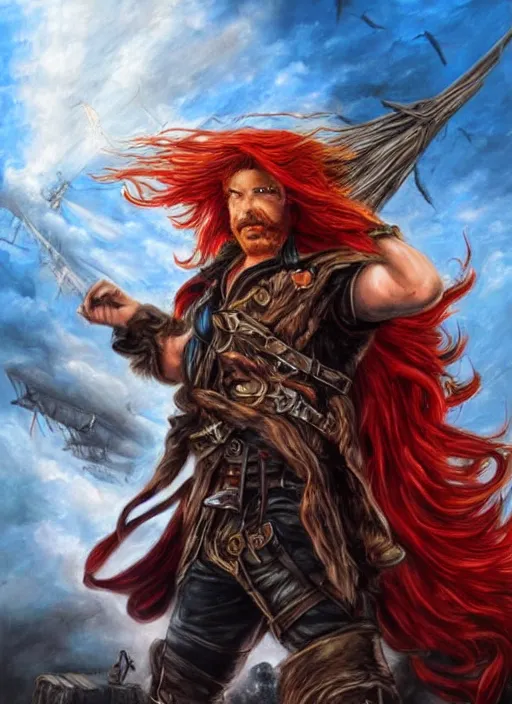 Image similar to epic fantasy portrait painting of a long haired, red headed male sky - pirate in front of an airship in the style of the a marvel avengers movie