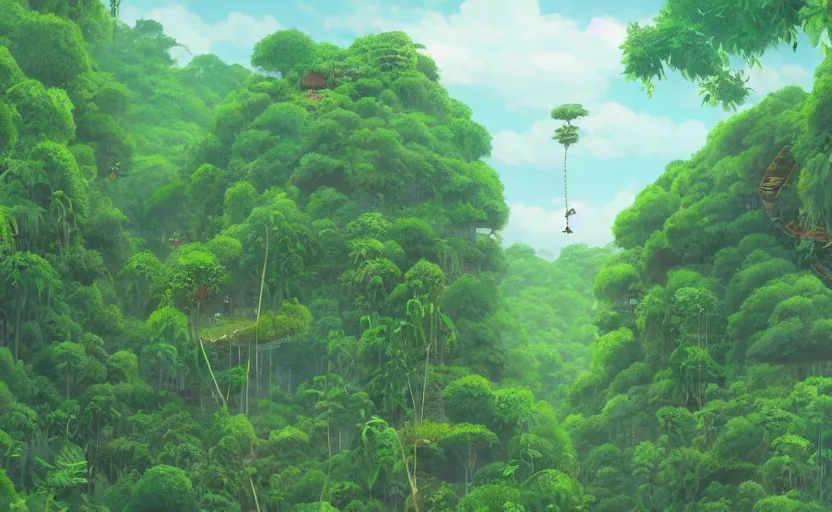 Prompt: big skyscraper levitate over the jungle, ghibli style, sky in a background, huge green trees