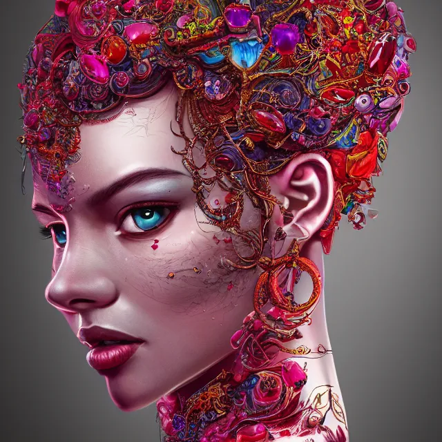 Prompt: studio portrait of absurdly beautiful, elegant, young hypercolorful woman made of rubies and red gems, ultrafine hyperrealistic detailed face illustration by kim jung gi, irakli nadar, intricate linework, sharp focus, bright colors, matte, octopath traveler, final fantasy, unreal engine highly rendered, global illumination, radiant light, intricate environment