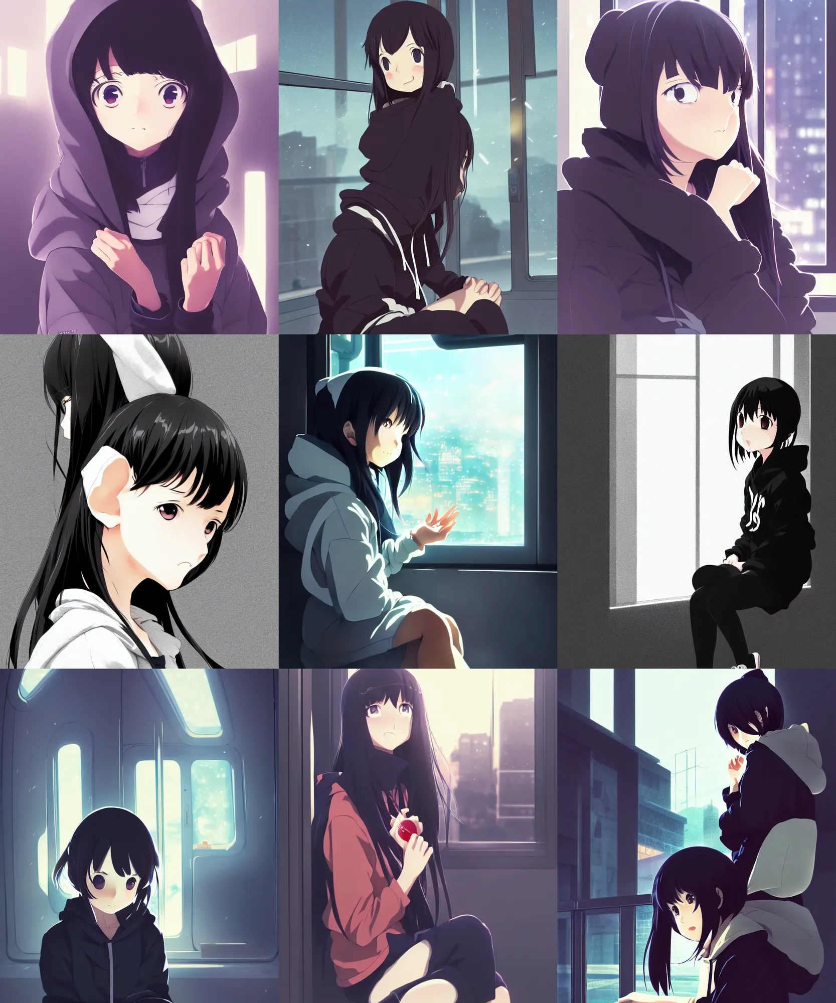 Prompt: anime visual, portrait of a young black haired girl wearing hoodie sitting on subway seeing outside, cute face by yoh yoshinari, katsura masakazu, dramatic lighting, dynamic pose, dynamic perspective, strong silhouette, ilya kuvshinov, moody, detailed