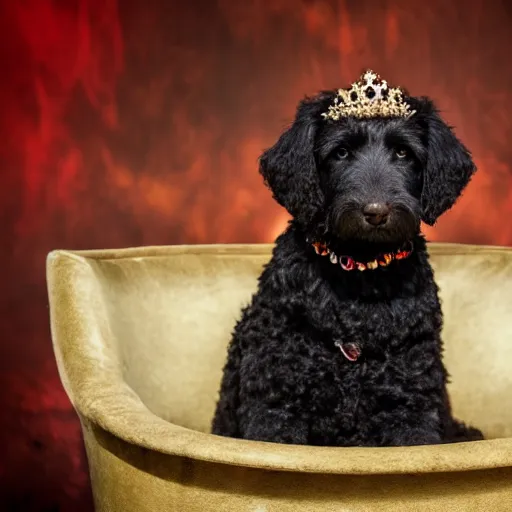 Prompt: a small black labradoodle sitting on a throne in hell. award - winning. 4 k.