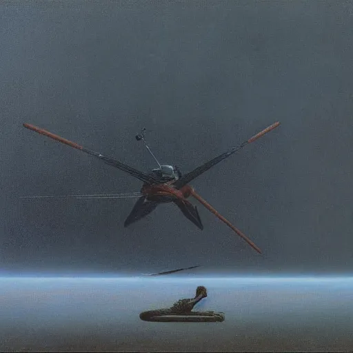 Image similar to a gyrocopter by Zdzisław Beksiński, oil on canvas