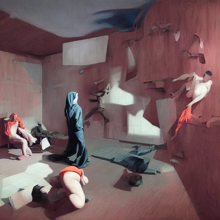 Image similar to the disinvention of time, liberation, by edward hopper and james gilleard, zdzislaw beksinski, open ceiling, highly detailed, black people, painted by francis bacon, painted by james gilleard, surrealism, airbrush, ilya kuvshinov, wlop, stanley artgerm, very coherent, art by takato yamamoto and james jean