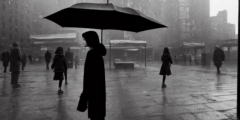 Image similar to medium shot of umbrella stall with sadie sink in hoodie. in ruined square, pedestrians on both sides. cyberpunk tenements in background : grainy b & w 1 6 mm film, still from schindler's list by steven spielberg. cinematic atmosphere, sharp face, perfect anatomy