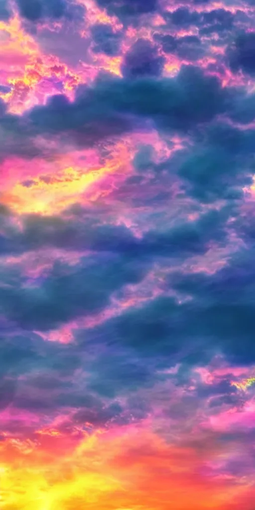 Prompt: a cloudy sky with iridiscent clouds, beautiful, sunset, illustration, ultra high detail, mystical, wallpaper.