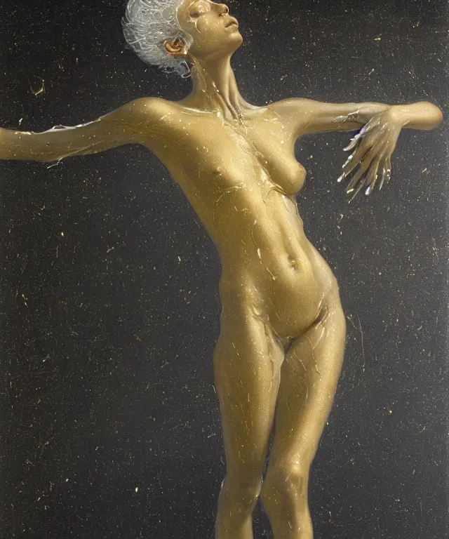 Prompt: Beautiful full-body wax sculpture of glowing transparent woman with visible gold bones covered with melted white candle wax inside the singularity where stars becoming baroque folds of black matter by Michelangelo da Caravaggio, Nicola Samori, Ilya Repin, Alex Grey, William Blake, Beksinski and Greg Rutkowski, dramatic volumetric lighting, highly detailed oil painting, octan render, 8k, masterpiece