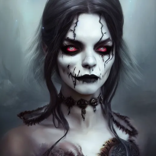 Image similar to detailed portrait of a cute undead goth girl, beautiful, fantasy, intricate, elegant, highly detailed, digital painting, artstation, concept art, matte, sharp focus, illustration, art by aenaluck, artgerm and roberto ferri and greg rutkowski, epic fantasy, digital painting