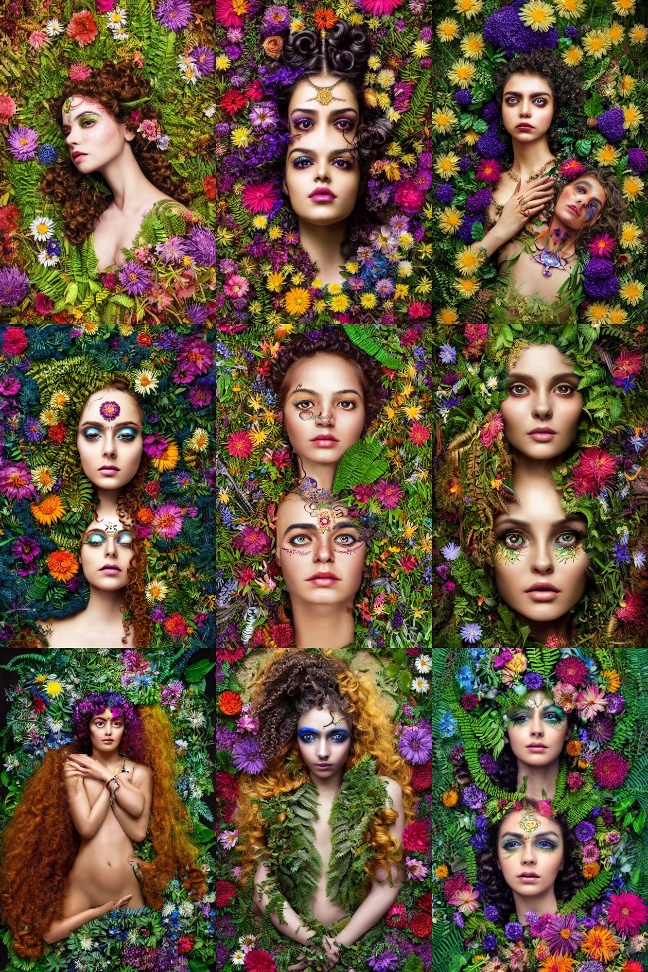 Prompt: a beautiful intricate fine art portrait photo of an indian cyborg with epic curly hair spread out around her lined with beautiful colorful flowers and ferns, lying on a bed of daisies, by natalie shau and james christensen, masterpiece!, top view, studio lighting, golden ratio composition, 3 5 mm lens, deep depth of field, artstation, 8 k