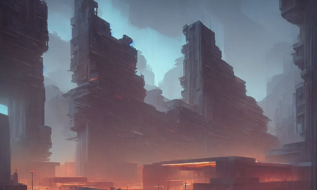 Image similar to brutalist architecture, colorful neon lighting, raphael lacoste, eddie mendoza, alex ross, concept art, matte painting, highly detailed, rule of thirds, dynamic lighting, cinematic, detailed, denoised, centered