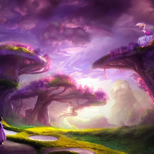 Image similar to landscape of an alice and wonderland themed landscape, purple clouds look the sky, dynamic lighting, fantasy concept art, trending on art station, stunning visuals, creative, cinematic, ultra detailed