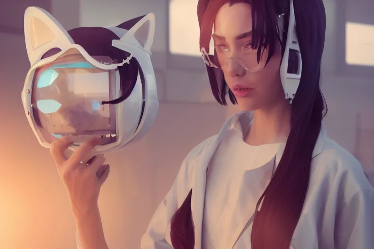 Image similar to woman with cat ears wearing a labcoat in a futuristic lab, cinematic, beautiful face, digital art, by wlop, by james gilleard, by conrad roset, by yoshitaka amano, sunlit, cozy, trending on artstation, octane render, matter art, close up shot