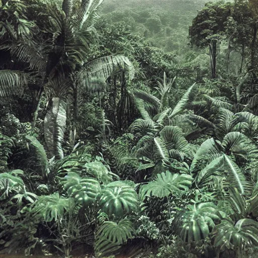 Prompt: jelly boulders in a jungle landscape, 1960s photo