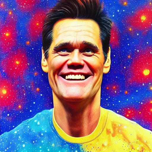 Image similar to jim carrey big smile exploding head, cosmic starfield background oil painting masterwork trending on artstation