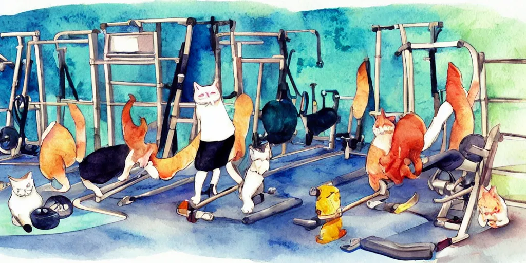 Image similar to watercolor illustration style, cute! cats!! training in the fitness studio, sports equipment laying around!